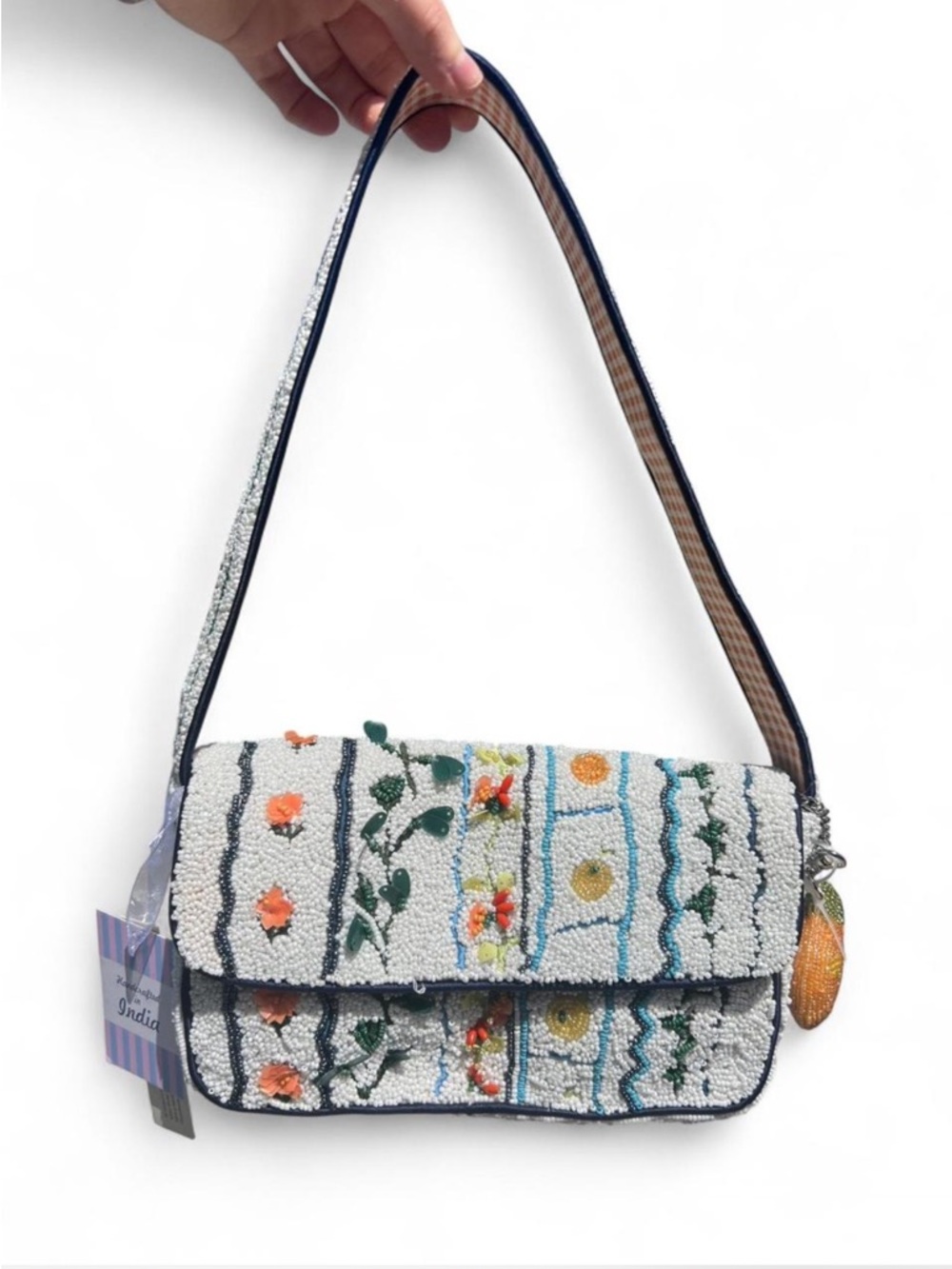 Made in India Floral gingham Beaded Shoulder Bag with Orange Charm